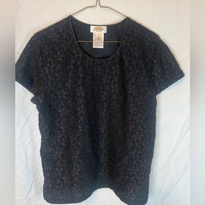 Talbots Black Lace Knit Short Sleeve Blouse Size Large